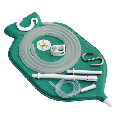 Enema bag kit with platinum cured silicone hose, 2-quart open top colon cleansing set, featuring clear bag and flexible tubing.