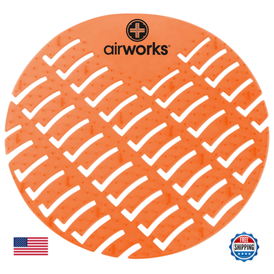 Urinal deodorizer screen in mango orange scent, unbranded Airworks AWUS007-BX model, with a vibrant orange and yellow design.