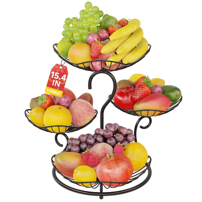 PouHenier.jh 4-tier black metal fruit basket stand for kitchen countertop with removable bowls and modern design