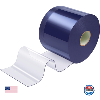 Clear PVC curtain strip roll by Moukeren, 125 ft long and 8 inches wide, shown hanging for door or entrance separation.
