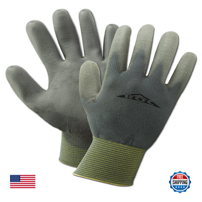 Magid Roc polyurethane-coated 15-gauge nylon mechanics gloves, 12 pairs, showing durable grip and flexible fit for work safety.
