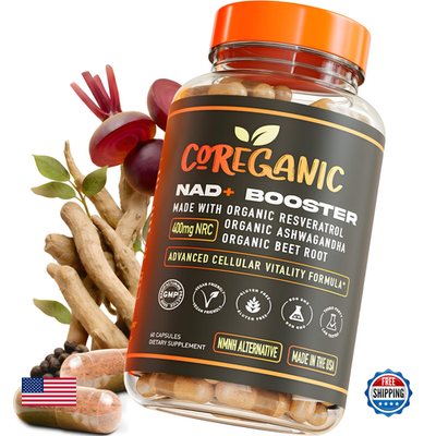 Bottle of Coreganic Clean NAD Support with 400mg Nicotinamide Riboside and organic Resveratrol capsules, unbranded supplement supplement