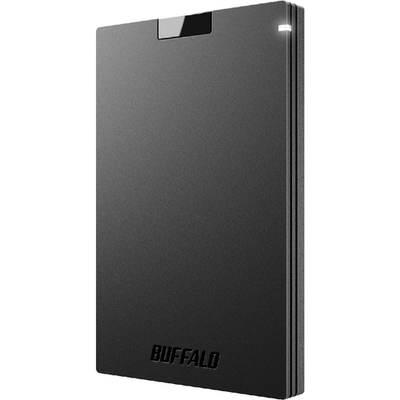 BUFFALO 1TB external SSD with USB-C and USB-A ports, compatible with PS4, PS5, Windows, and Mac devices.