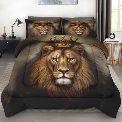 Pamnest King Lion golden comforter set for queen size bed, soft bedding with lion design, includes 3 pieces for kids' room decor.