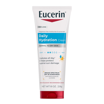 Eucerin Daily Hydration Body Cream SPF 30 sunscreen for dry skin 8 oz white bottle