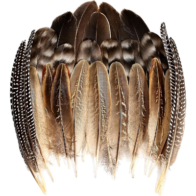 THARAHT natural spotted guinea fowl wing feathers, 6-8 inches, arranged in a fan display with black, white, and brown patterns.