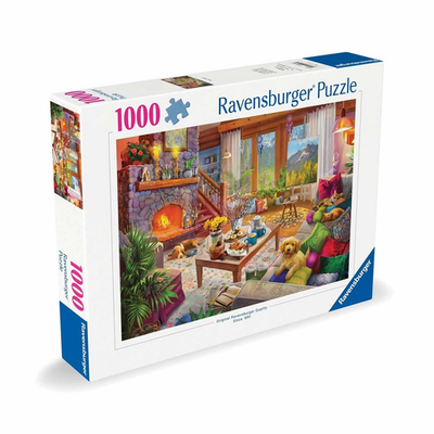 Ravensburger Cozy Cabin 1000 piece jigsaw puzzle depicting a cozy cabin scene with fireplace and pets