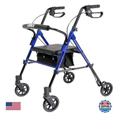 Height-adjustable Graham-Field Lumex Set N Go rollator with four wheels and ergonomic handles for easy mobility.