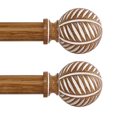HTZON 2-pack wood curtain rods with decorative finials, adjustable 28-48 inches, ideal for boho-style window treatments