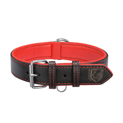 Riparo Motorsports adjustable leather dog collar with heavy-duty wide design, featuring sturdy hardware and padded interior.