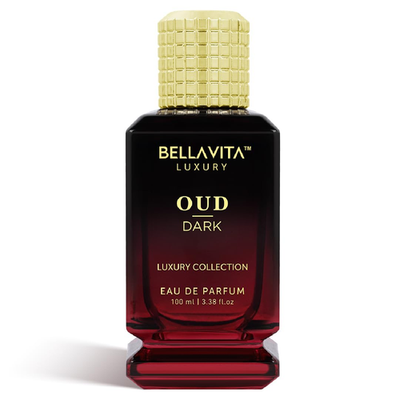 BellaVita Luxury Oud Dark EDP 100ml unisex Arabian perfume bottle with elegant design and dark amber liquid inside.
