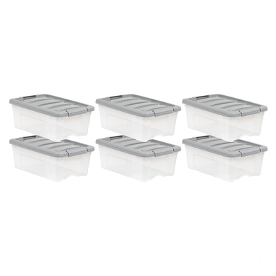 Stackable plastic storage containers with secure latching lids from Retailer Basics, shown with transparent bodies and snap closures.
