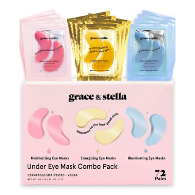 Grace & Stella vegan under eye masks for dark circles and puffiness in gold, pink, and blue colors.