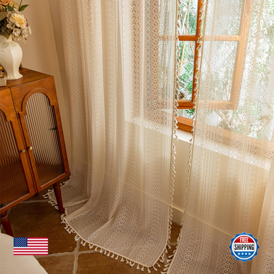 Beige boho vintage lace curtains by Sutuo Home, 108 inches long, designed for dining room windows, featuring intricate lace details.