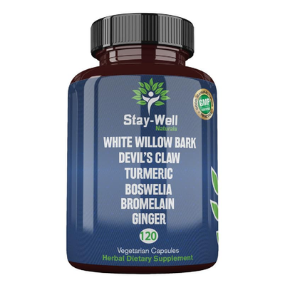 Stay-Well Naturals Pain Relief supplement bottle with White Willow Bark, Devil's Claw, and Turmeric capsules on a white background.