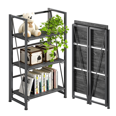 4NM 4Nm folding bookshelf with three vintage wood shelves, compact, no assembly needed, ideal for book and storage organization