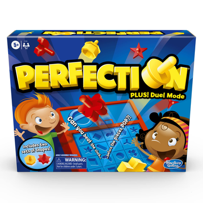 Hasbro Gaming Perfection Plus 2-player duel mode game with colorful popping shapes and pieces for ages 8 and up.