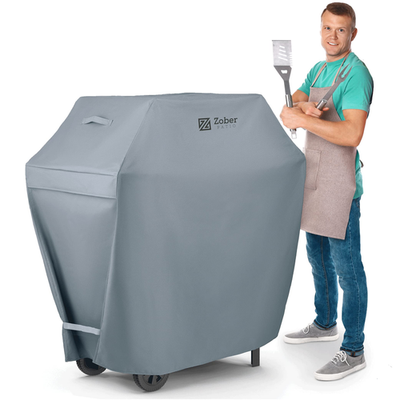 Waterproof Zober 64-inch BBQ grill cover with double layers fitting Weber gas grills, protects against weather damage.