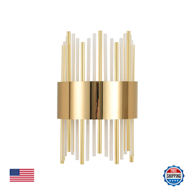 Modern gold wall sconces with crystal accents and LED dimmable lighting, ideal for stylish interior wall decor.