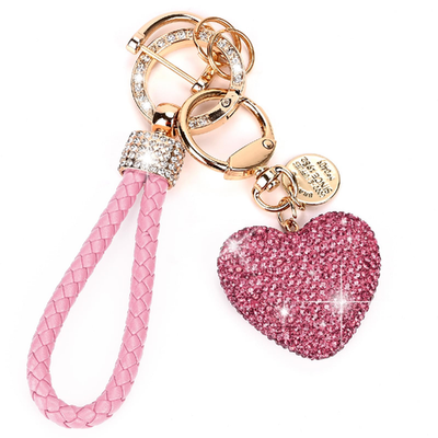 Pink rhinestone heart car keychain with braided leather and metal ring for women