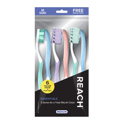 Six-pack Reach Essentials Toothbrushes with multi-angled medium bristles and covers