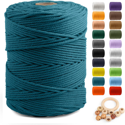 Natural handmade macrame cotton cord in peacock blue, 5mm thick, 328 yards, braided, suitable for craft projects.