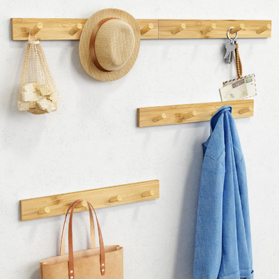 Forbena natural wood wall mount coat rack set of 4 with hooks, ideal for bathroom or entryway organization and storage.