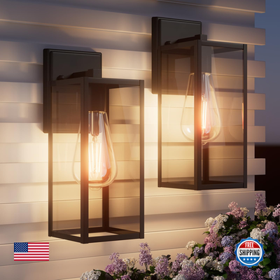 Black outdoor front porch light fixture by Fnyuslet, showing a large exterior wall-mounted lantern with clear glass panels.