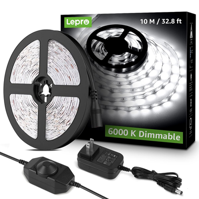 Lepro 32.8ft dimmable LED strip light with bright 6000K white glow, ideal for vanity or accent lighting, shown in image.