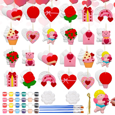 24-piece Valentine's Day ceramic painting kit with acrylic paints and figurines ready to decorate