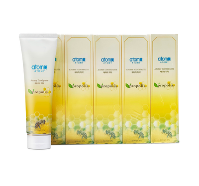 Atomy Propolis Toothpaste 5-pack tubes with honey bee and green packaging fighting plaque and bad breath
