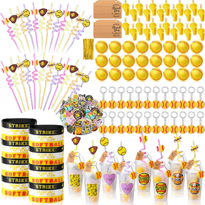 Weysat 268 pcs softball party favors set with cups, straws, whistles, mini softballs, keychains, wristbands, and stickers for 24 guests