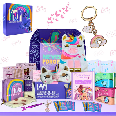 ELI&VAL first period kit for girls aged 9-12, showing tampons, pads, and related period management supplies in a gift box.