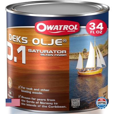 Owatrol D1 exotic wood saturator in 34 oz bottle, based on alkyd resins and natural plant ingredients, for wood protection and finishing.