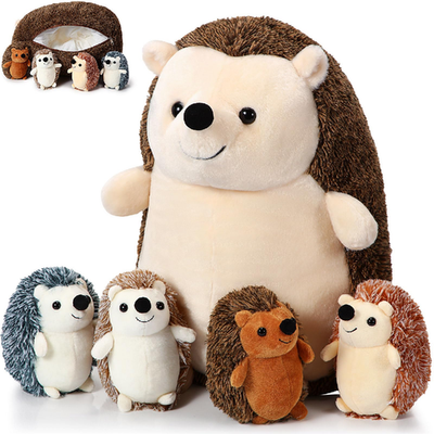 Hiboom 5 pcs hedgehog stuffed animal plush mommy and baby set in brown cotton fabric