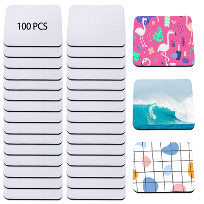 Set of 100 unbranded square sublimation blank cup coasters and mats for custom printing, made of durable material.