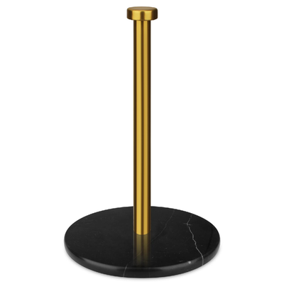 Modern HESHIBI paper towel holder with 7" black marble base and brushed gold metal bar
