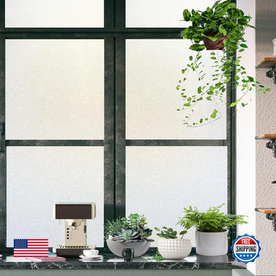 Shackcom frosted glass window film rolls on a surface, designed for bathroom and window privacy, measuring 45.2 x 118 inches.