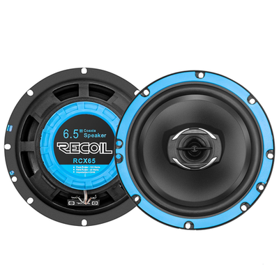 Recoil RCX65 Echo Series 6.5-inch car audio coaxial speaker system with black cone and mounting hardware visible.