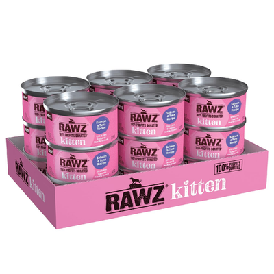RAWZ Natural Pate canned kitten wet food with real meat, minimally processed, in a beige can with a clear label and lid.