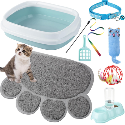 Small Kitten Starter Kit with blue litter box, scoop, mat, bowl, toys, and collar by Tioncy
