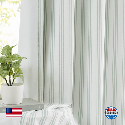 Green and white striped Zjdecor cotton blend blackout curtains, full-length drapes with a modern design for bedroom or living room.