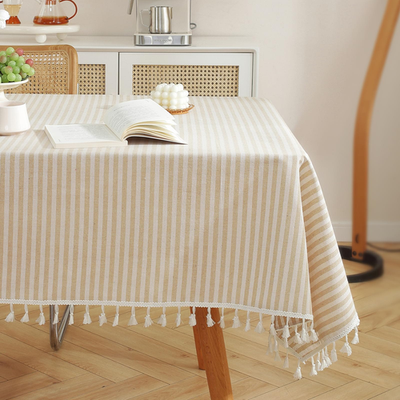 Beige striped cotton blend tablecloth with tassels, dust-proof design, ideal for protecting and decorating tables.