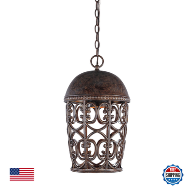 Designers Fountain Amherst Hanging Lantern in Burnt Umber with metal frame and glass panels, outdoor lighting fixture.