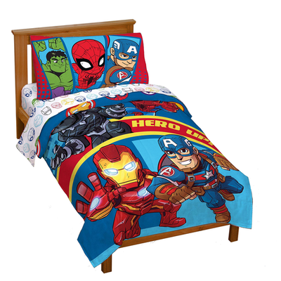 Jay Franco Marvel Super Hero Adventures toddler bed set with colorful superhero print and matching pillowcases on a bed.