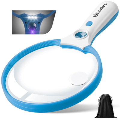 Ebbnivs large 5.5-inch handheld LED magnifying glass with built-in light, ideal for reading and crafts.