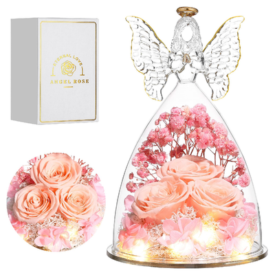 Tiaronics preserved rose angel figurine with three real roses in glass gift for women
