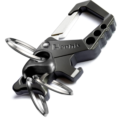 Hephis Heavy Duty black zinc alloy keychain with bottle opener and carabiner clip