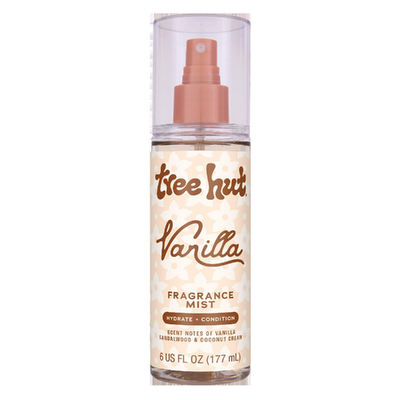 Tree Hut Vanilla Fragrance Mist body spray with alcohol-free formula, featuring a vanilla scent and refreshing spray bottle.