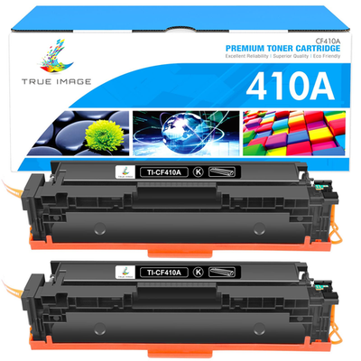 True Image compatible toner cartridge for HP 410A, CF410A, CF410X, showing the black toner cartridge with branding and product details.